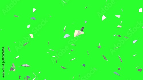 3D Animation of a flying shards of glass in slow motion. Greenscreen