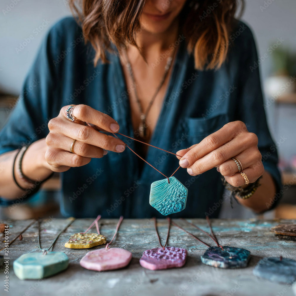 Obraz premium A woman is holding a handmade pendant with red string, surrounded by other colorful pendants on the table