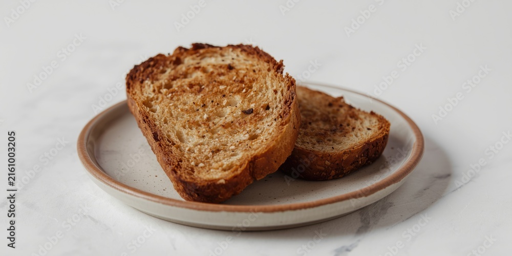 Naklejka premium Toasted Whole Grain Bread Slices on a Ceramic Plate with Minimal Background