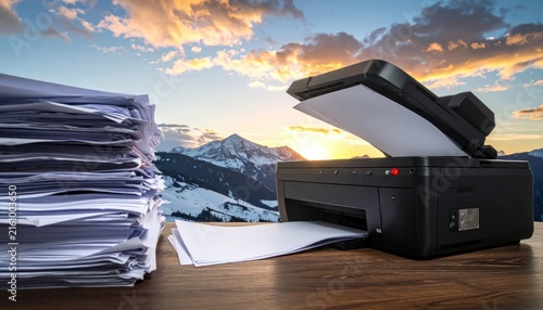Office Printer and Stack of Paper Against a Dramatic Mountain Sunset Sky