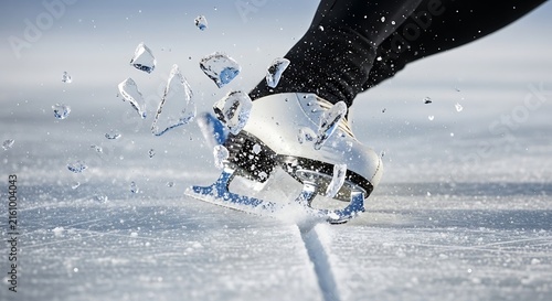Person ice skating on frozen lake.