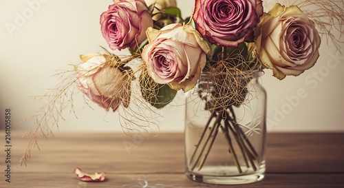 Pink Roses in Glass Vase.