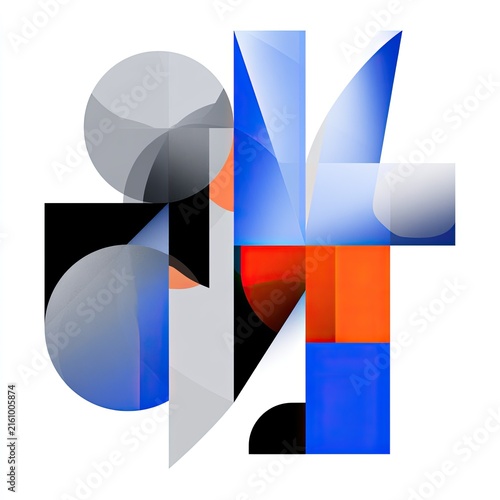 Geometric abstract art with overlapping planes and spheres in blue, orange, and grey