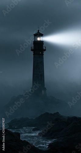 Tall, old lighthouse beam pierces through dense fog, illuminating rocky shore