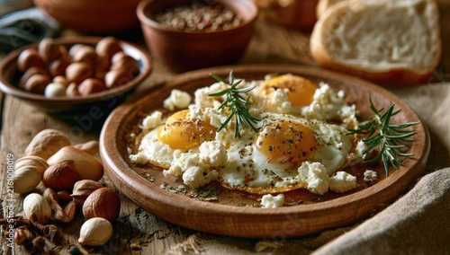 Hearty breakfast of fried eggs and cheese with nuts and bread