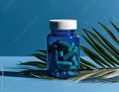 Blue bottle of blue capsules on a blue surface with palm leaves