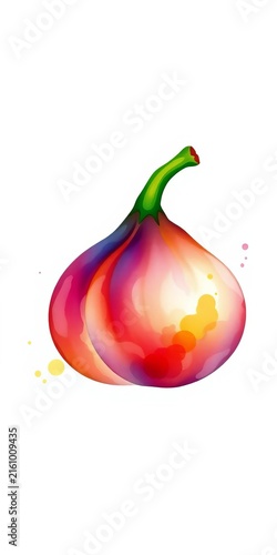 Watercolor fig with green stem on white background, background, fig