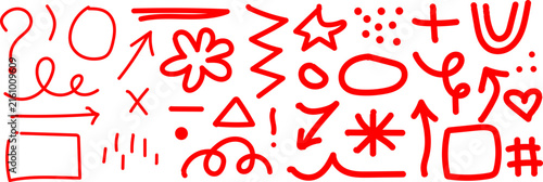Red hand drawn doodle vector elements set featuring various geometric shapes arrows scribbles and marker sketches for creative graphic design projects