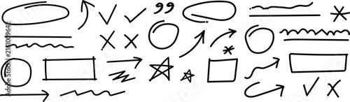 Hand drawn vector illustration collection featuring various doodle shapes like arrows check marks circles stars and simple underlines for design