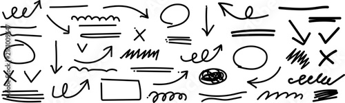 Hand drawn arrows and doodle markers collection featuring various black ink shapes isolated on a clean white graphic background design
