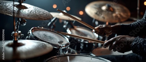 A close-up view of a drummer playing a drum kit with cymbals and drumsticks, set against a dark background with blurred lights.