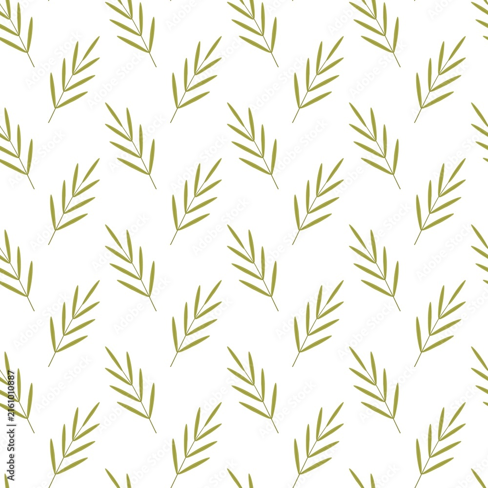 Fototapeta premium Seamless autumn pattern with olive-green leaf clusters arranged diagonally on a white background. Elegant botanical design perfect for textiles