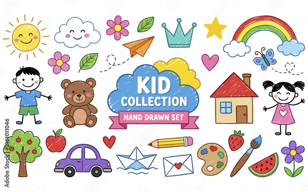 Naklejka premium Kids hand drawn collection set with colorful childhood doodles and crayon style artistic illustration.