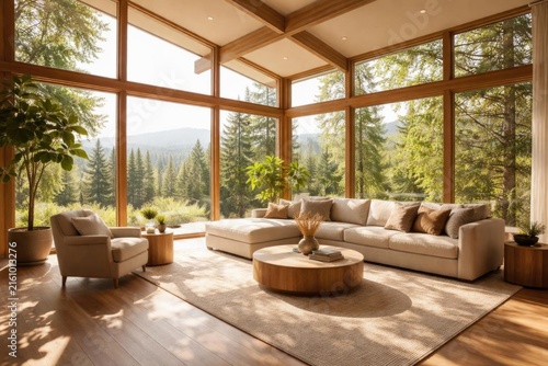 Modern Living Room with Large Windows Overlooking a Forest in Natural Light