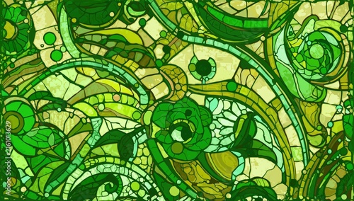 Stained Glass Window Design with Green Nature Themes and Abstract Patterns