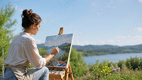 Female artist painting a landscape on a canvas outdoors. Woman using a brush and easel by a scenic lake and mountains. Plein air art hobby concept