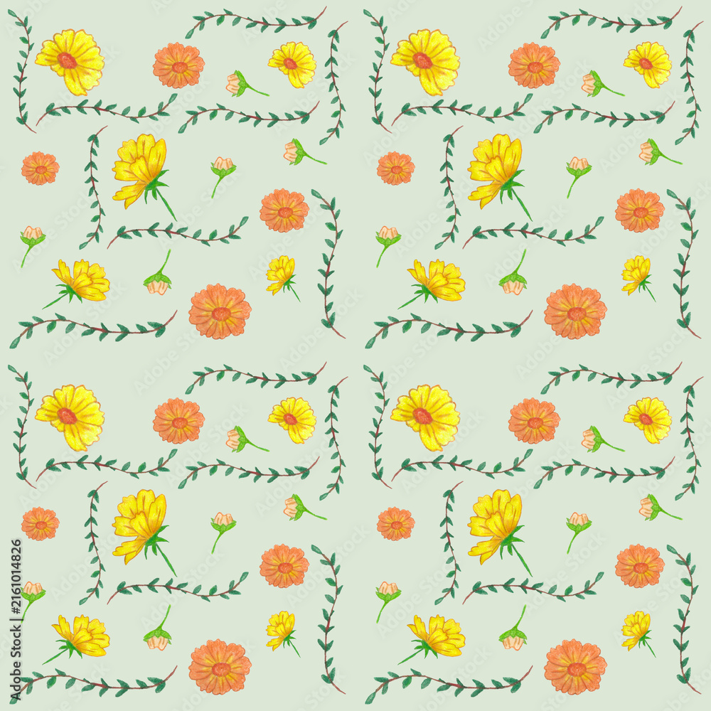 Fototapeta premium Hand Drawn Yellow and Orange Flowers with Green Vines Floral Pattern