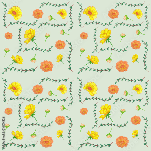Hand Drawn Yellow and Orange Flowers with Green Vines Floral Pattern