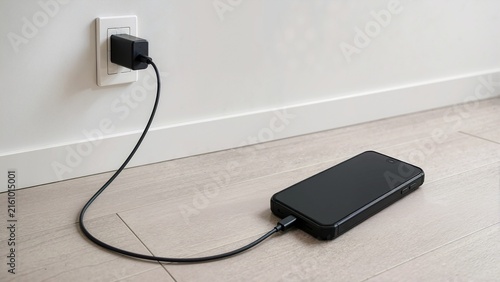 Black smartphone charging on a wooden floor near a wall outlet. Mobile device connected to a power adapter with a cable. Digital technology and energy supply concept