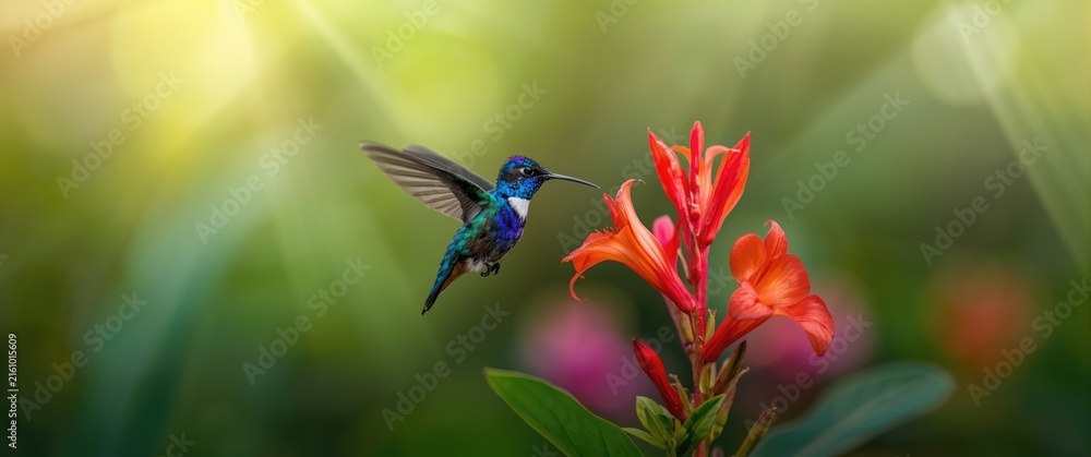 Naklejka premium Hummingbird Feeding on Bright Orange Flowers in a Lush Garden with Soft Light