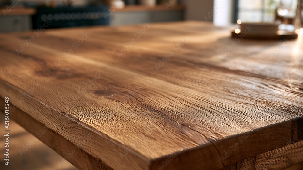Fototapeta premium Rustic brown wooden dining table surface close up.