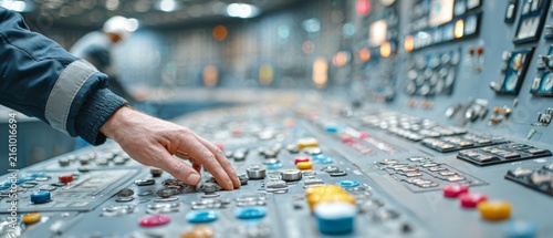 A close-up view of a hand operating a complex control panel filled with colorful buttons and switches in an industrial setting.