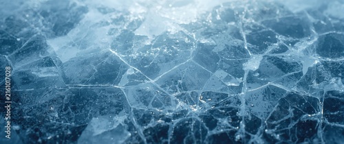Frozen Ice Surface with Cracks and Reflections in Cool Blue Tones