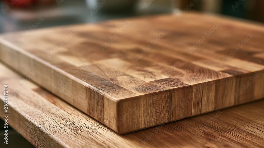 Fototapeta premium Close up of a thick wooden cutting board on a kitchen counter.
