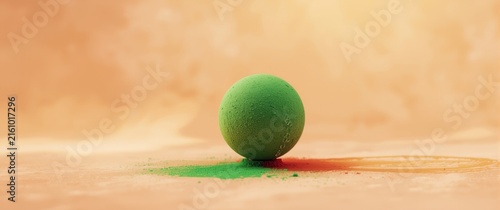 Green Sphere on a Soft Orange Surface with Colorful Powder Dust