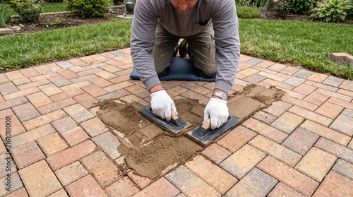 Man installing polymeric sand between brick pavers on a patio