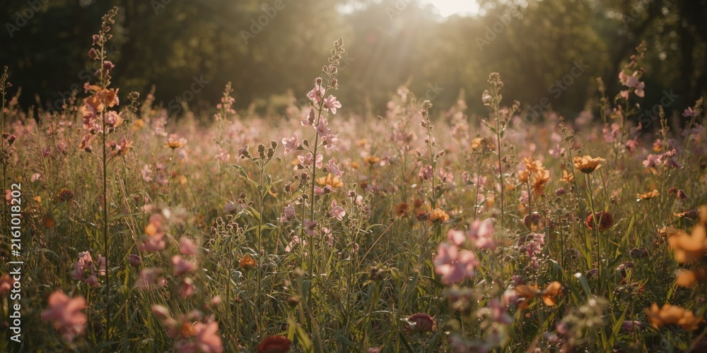 Obraz premium Sunlit Flower Field with Wildflowers Blooming at Sunset in Warm Glow