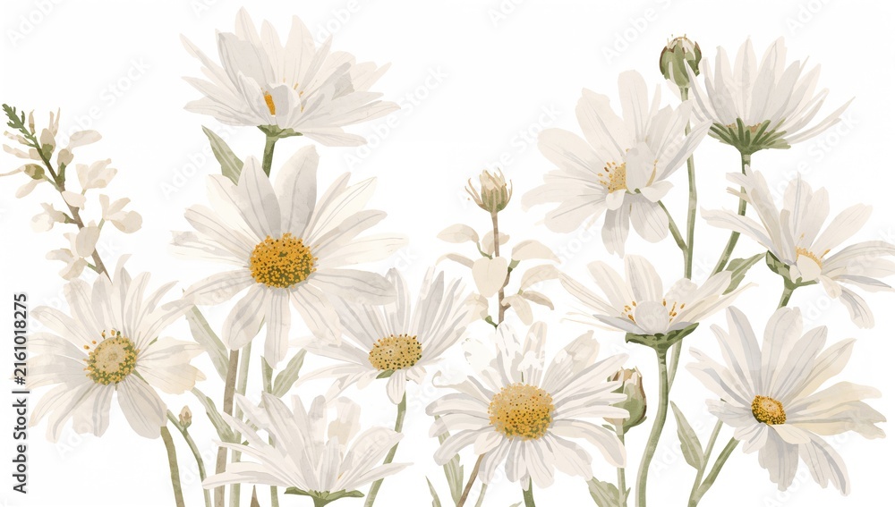 Obraz premium White Daisy Flowers Arrangement on Light Background Enhancing Natural Beauty
