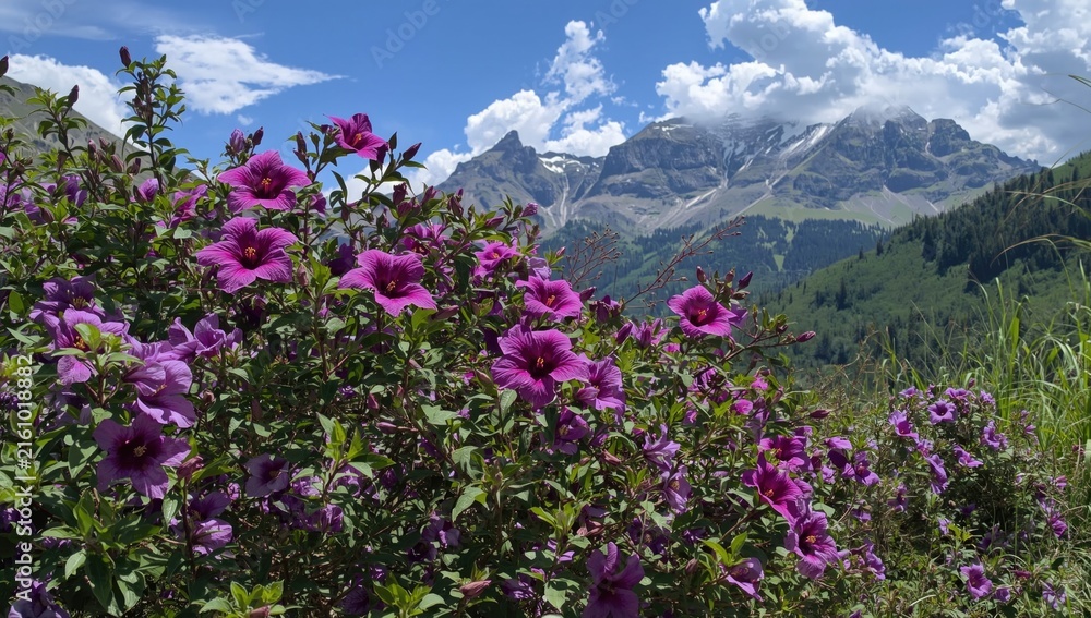 Obraz premium Purple Flowers Blooming in a Mountain Meadow Under a Blue Sky