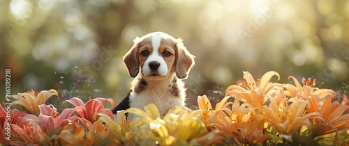 Beagle Puppy Sitting Among Colorful Flowers in Soft Golden Light