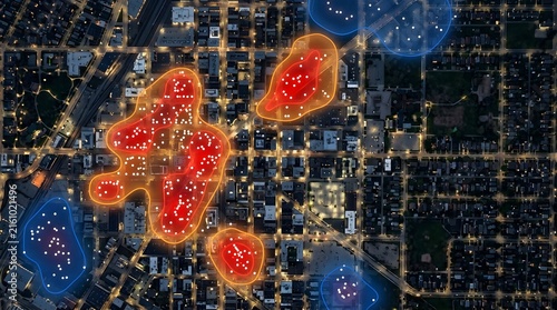 GIS satellite data analytics and urban heat map visualization showing city population density at night