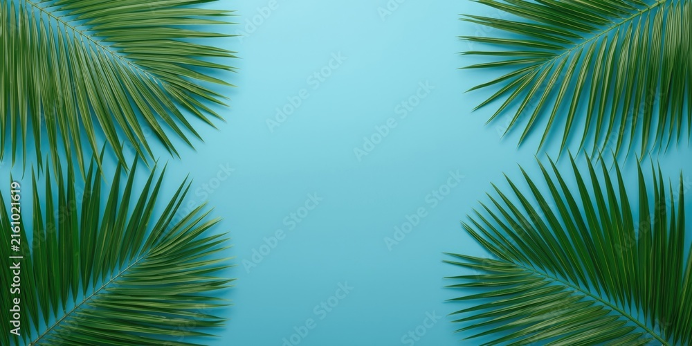 Naklejka premium Tropical Palm Leaves Framing a Light Blue Background in a Symmetrical Layout