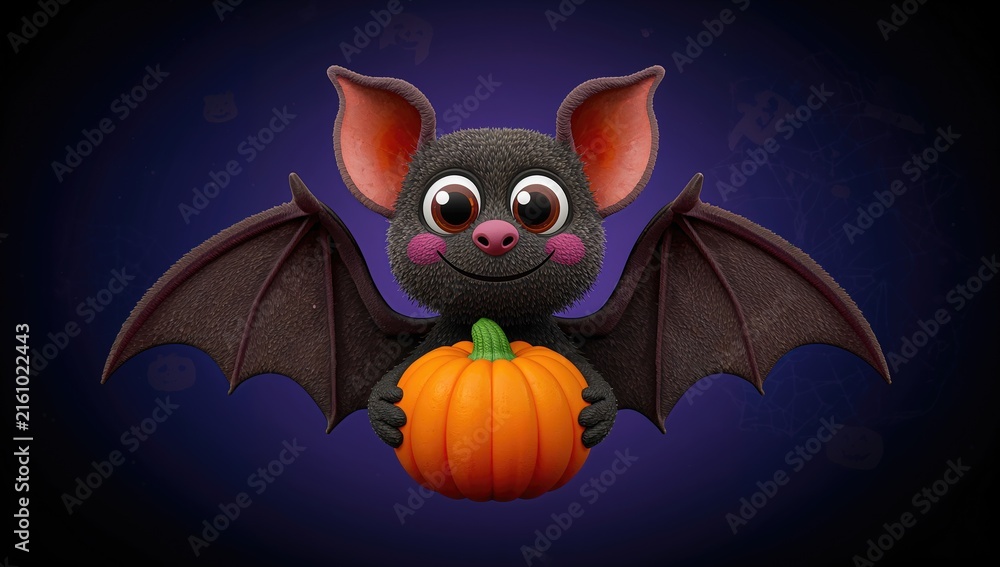 Fototapeta premium Cute Bat Holding a Pumpkin Against a Dark Background