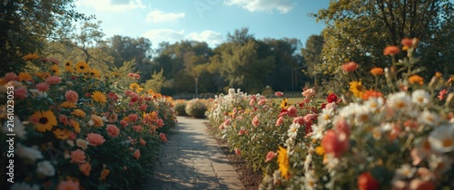 Flower Pathway Surrounded by Colorful Blooms Under Bright Blue Sky