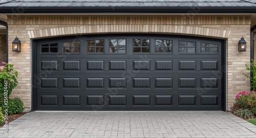 Modern Garage Door with Windows and Stone Exterior in Residential Setting