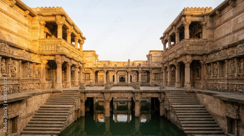 Obraz premium Ancient Well Structure in Golden Hour: A magnificent ancient stepwell, intricately carved and illuminated by the warm hues of the golden hour.