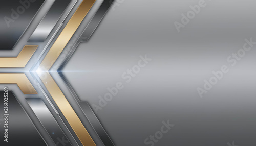 Grey and gold metallic abstract background with futuristic geometric shapes and copy space
