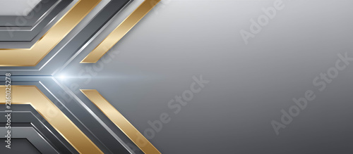 Grey and gold metallic abstract background with futuristic geometric shapes and copy space