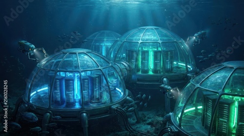 Underwater research station with glowing biodomes.