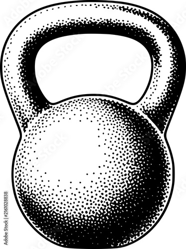 A detailed black and white stippled of a heavy iron kettlebell used for strength and fitness training