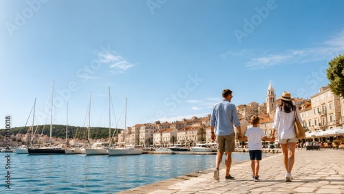 Family walking along a sunny harbor promenade