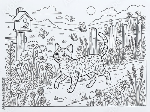 Whimsical garden scene with a curious cat surrounded by blooming flowers and a birdhouse