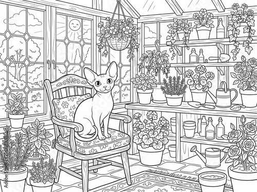 Whimsical indoor garden scene with potted plants, furniture, and a curious cat