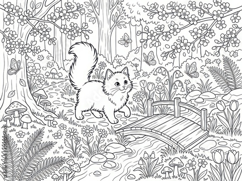 Cute fluffy kitten walking in a magical spring forest with flowers, butterflies, mushrooms, and a small wooden bridge over a stream, coloring page for kids