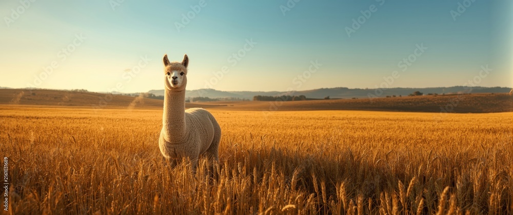 Naklejka premium Alpaca Standing in Golden Wheat Field Under Clear Blue Sky