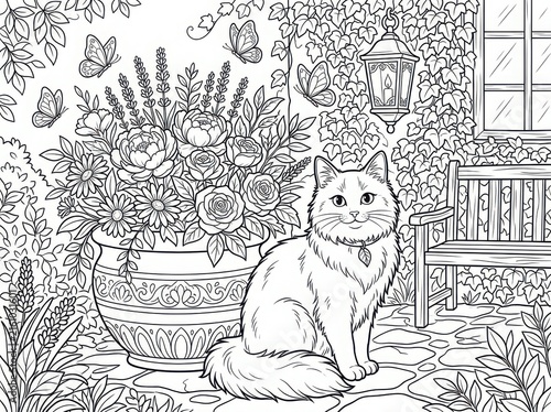 A fluffy cat sitting in a beautiful garden with a large flower pot, butterflies, a hanging lantern, and a wooden bench, intricate black and white line art illustration